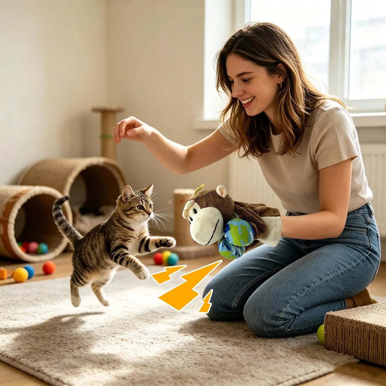 Cat Play Glove With Sound Plush Soft Monkey Interactive Toys Dog Boxing Play Punching Gloves For Puppy Kitten Medium Large