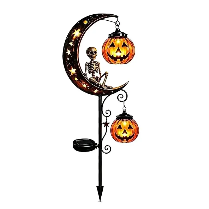 ABRU-Halloween Garden Decor Outdoor Lawn Solar Lights Auto On Off Pumpkins Skull& Pumpkin Moon Skeletons Lantern Iron