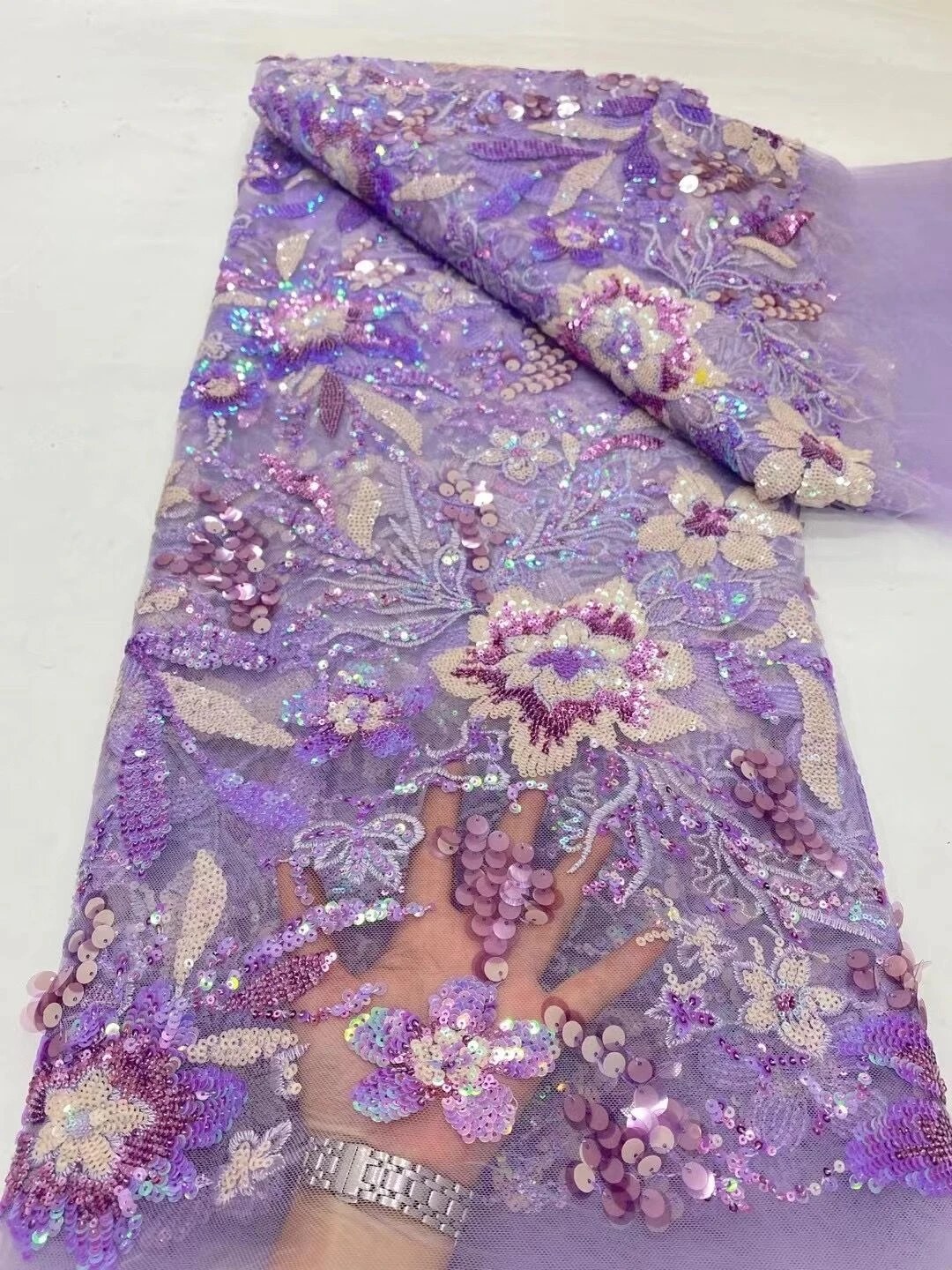 

2024 High Quality African Nigerian Lace Fabric Embroidery Tulle Pure Wedding Party Dress Guipure SequinsFor Sewing Beads 5yards