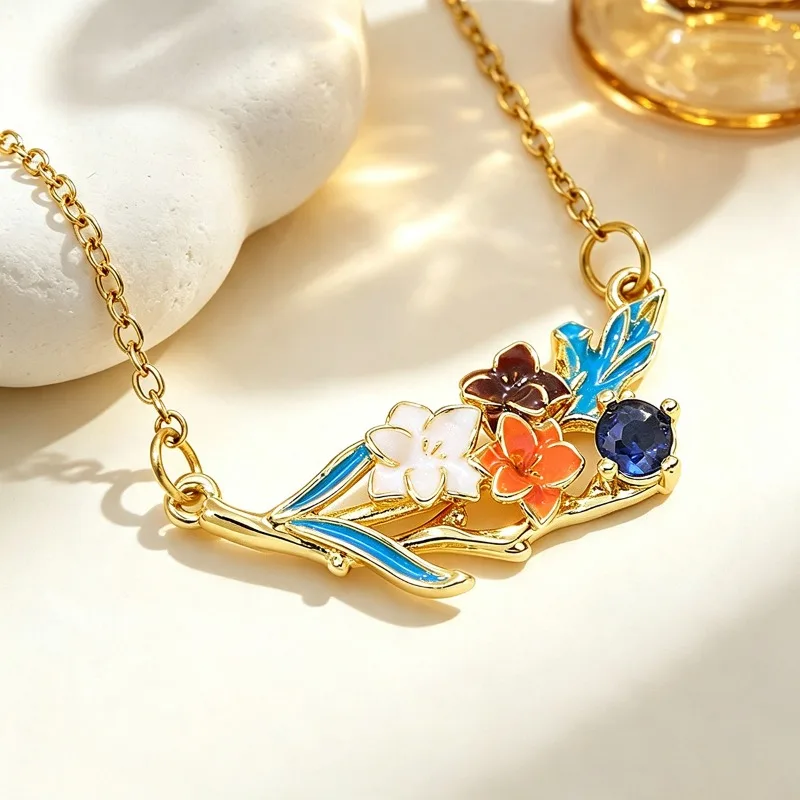 Exquisite Stainless Steel Colorful Enamel Phalaenopsis Zircon Floral Pendant Necklace for Women Birth Flower Neck Jewelry Gifts
