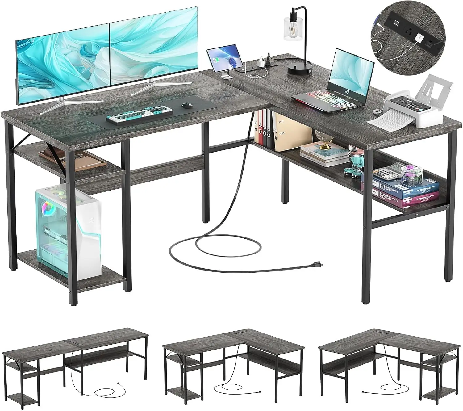 

Reversible L Shaped Gaming Desk with Power Outlets and USB Charging Ports, Sturdy Computer Desk with Storage Shelf,Gray Oak