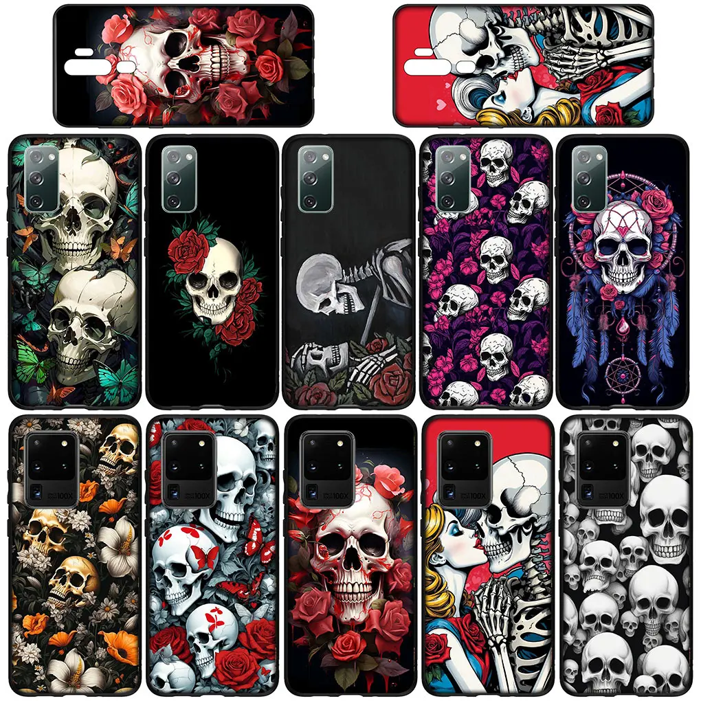 Skull Flower Rose Cover Phone Case for OPPO A17 A15 A16 A53 A54 A57 A78 A79 A58 A38 A98 A94 A96 A74 A95 A77 A76 Soft Casing