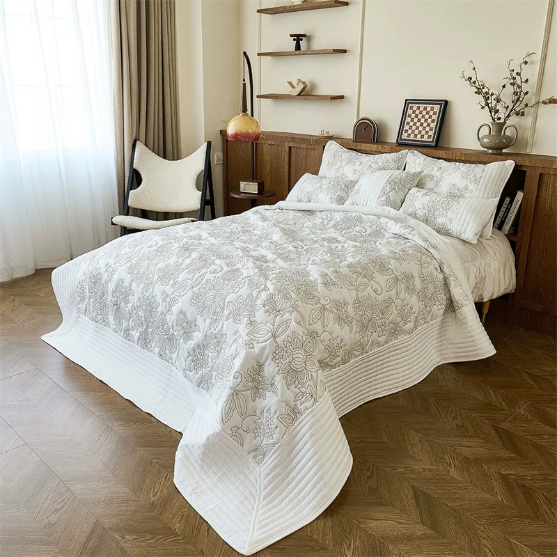 Luxury Cotton Bedspread Quilt Quilted Bed Cover Queen Size Home Bedding Set Embroidery Coverlet Double Bed Blanket Padding Sheet
