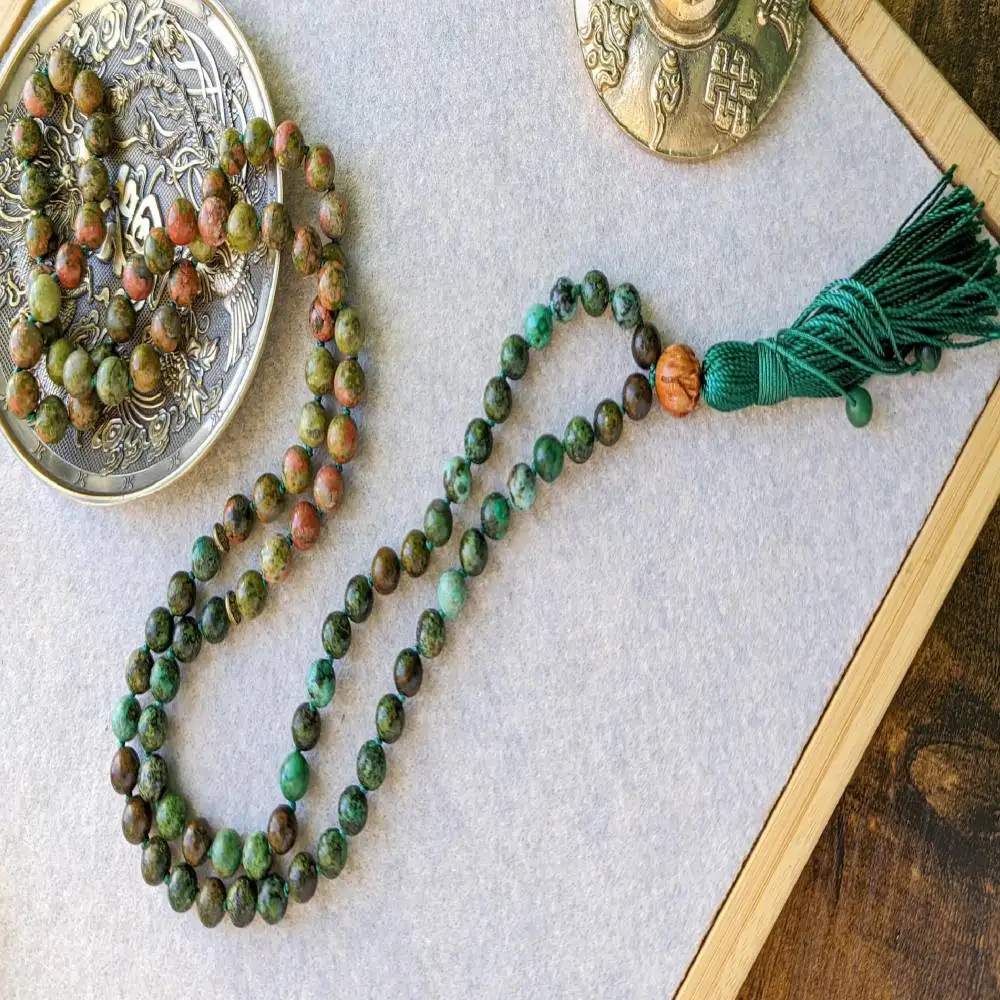 

Natural Unakite & Rudraksha 108 Mala Beads Necklace with Green Tassel Growth & Protection Healing Crystal Jewelry