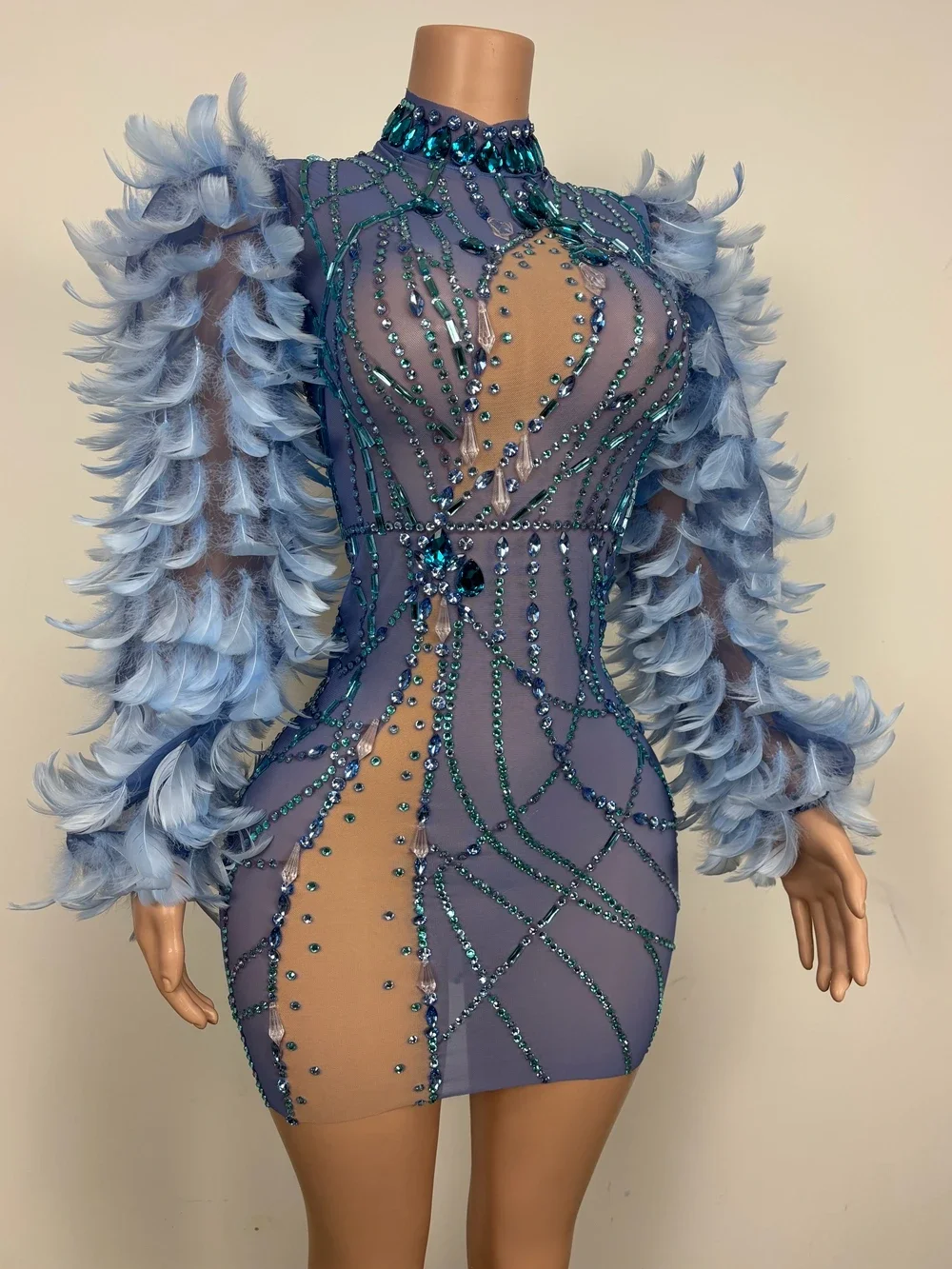 Vestido de noche con mangas de plumas y diamantes de imitación brillantes para mujer, ropa de fotografía Sexy, espectáculo de cantante, ropa de escenario, fiesta de graduación, celebración de cumpleaños