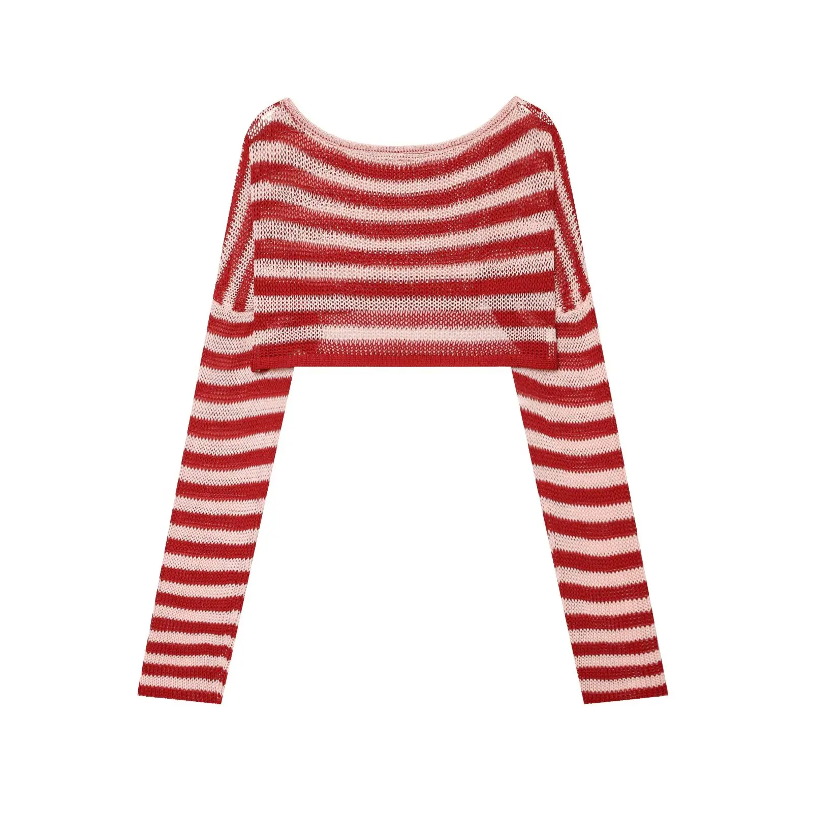DUOPERI Women Summer Red Pink Cropped Striped Knitted Tops Sweater Long Sleeve Boat Neck Female Chic Lady Casual Y2K Streetwear