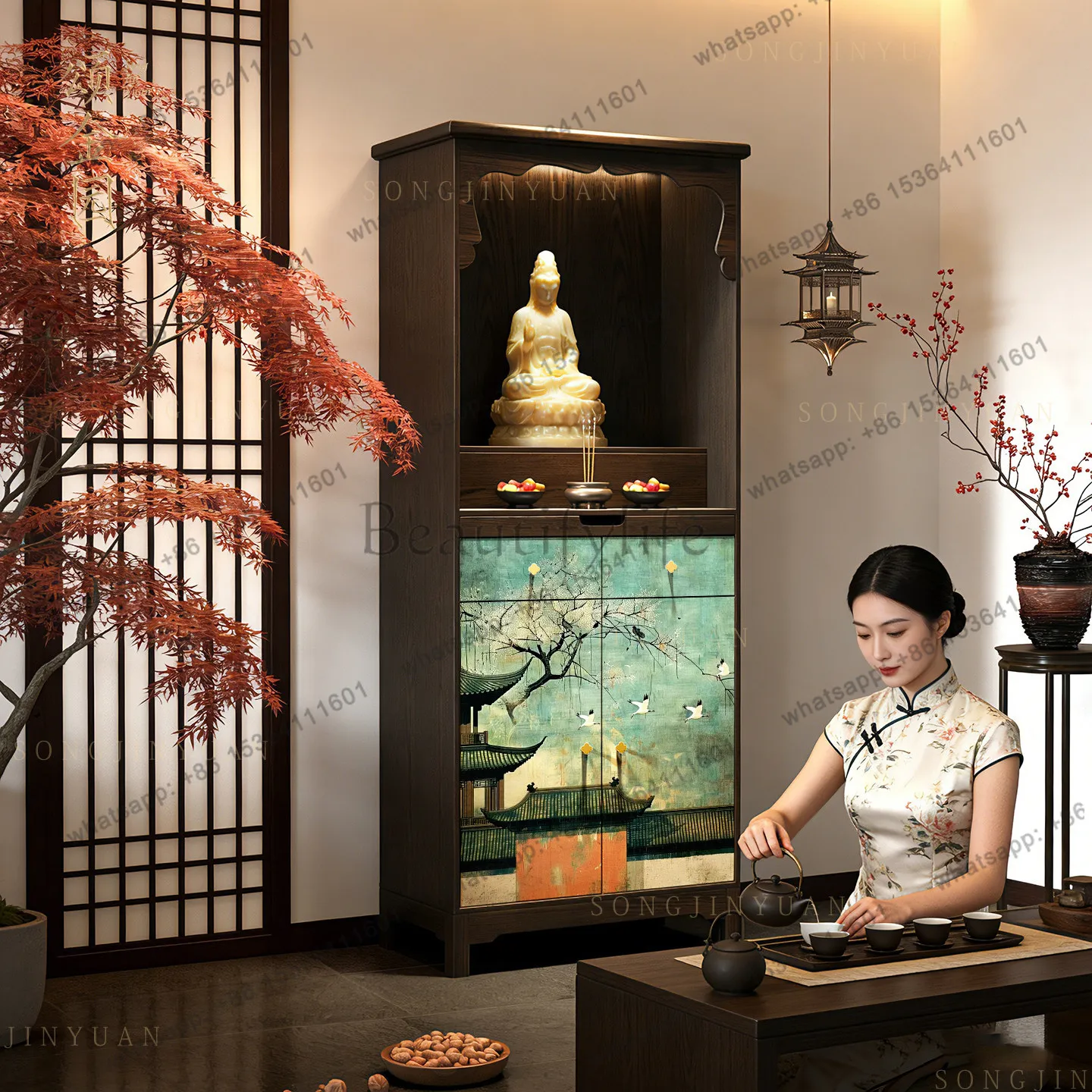 

LX Chinese solid wood Ruihe Buddhist niche stand cabinet pavilion Guanyin God of Wealth supply cabinet
