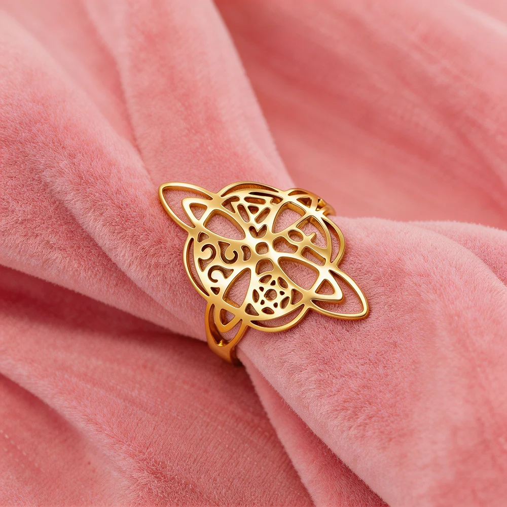 COOLTIME Wicca Pagan Witchcraft Protection Ring Gold Color Four Elements Witch's Knot Stainless Steel Runic Talisman Jewelry