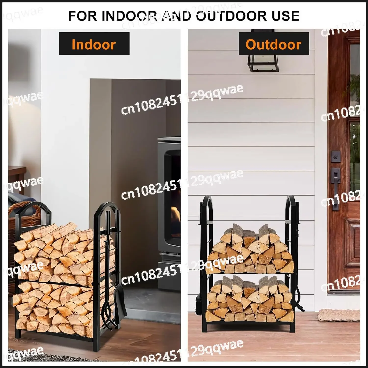 Black Thickened Wrought Iron Firewood Rack Fully Disassembled, Light Luxury Log Holder with Spot Hair Strap Hook view 4