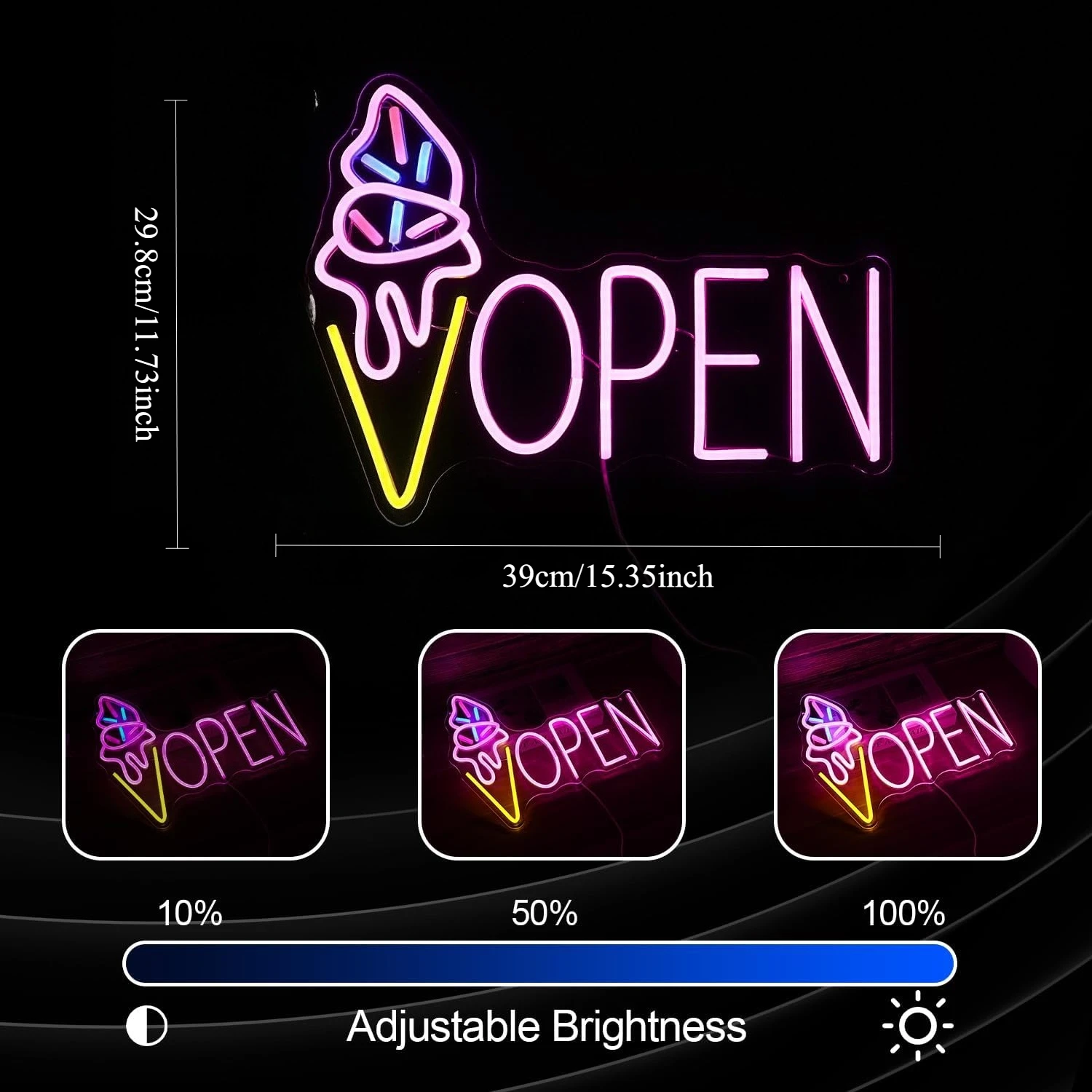 Ice Cream Open Neon Sign LED Light Up Dimmable for Ice Cream Sign for Dessert Shop Cake Shop Home Cafe Decor Girl Birthday Gifts