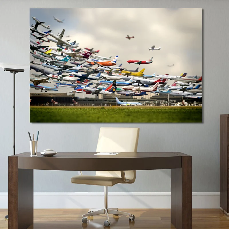 Fantasy Wall Art Airliners Airport Many Airplanes Wallpaper Canvas Posters and Prints Modern Painting for Home Room Decor