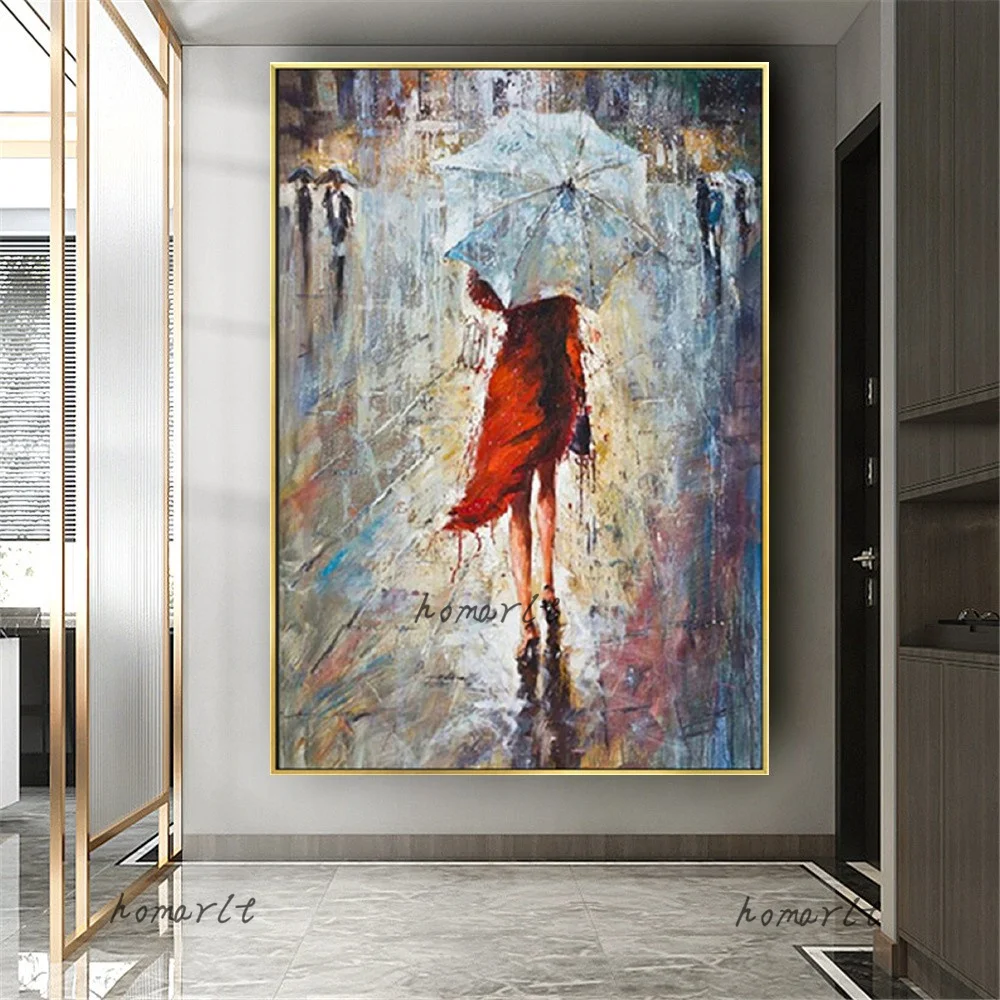 Canvas Picture Of Pedestrian Walking On The Road With Umbrella In Hand Modern Handmade Oil Painting On Wall Art For Home Decor