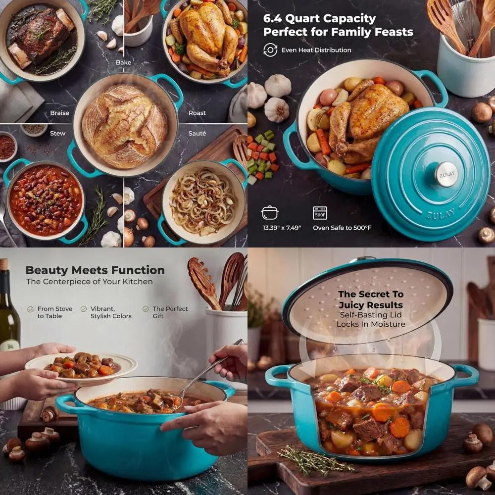 

Чугунная эмалированная жаровня объемом 6 кварт (светло-голубая) с крышкой - Прочная посуда для выпечки, тушения, приготовления рагу и запекания до 50 см.