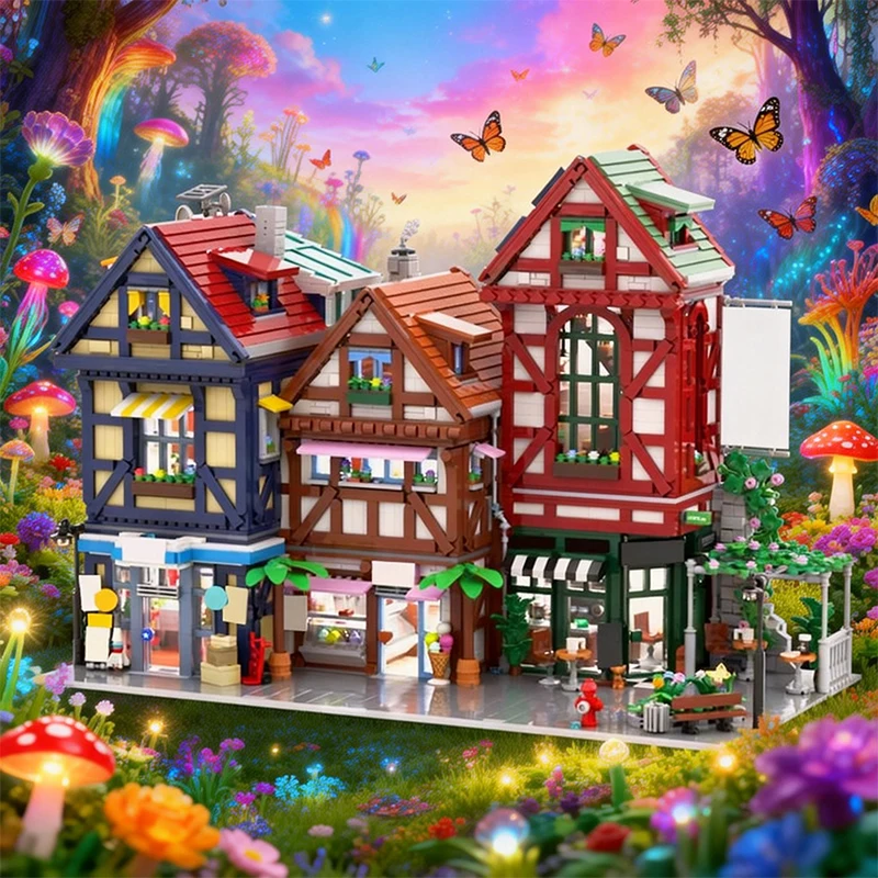 6728 STUKS Bouwset Geteelde Halfhouten Huis met Comic Shop, IJsjeswinkel en Koffiehuis MOC DIY Bouw Speelgoed Cadeau