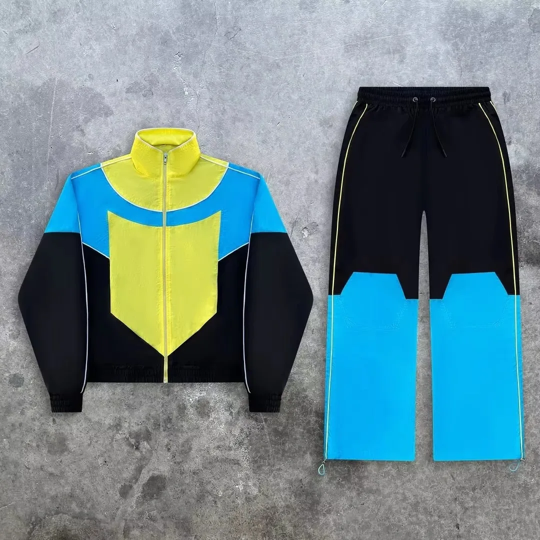 Casual Sportswear Vintage Tracksuit Color Block Men Women 2 Piece Set Retro Zip Up Stand Collar Jacket Harajuku Baggy Pants