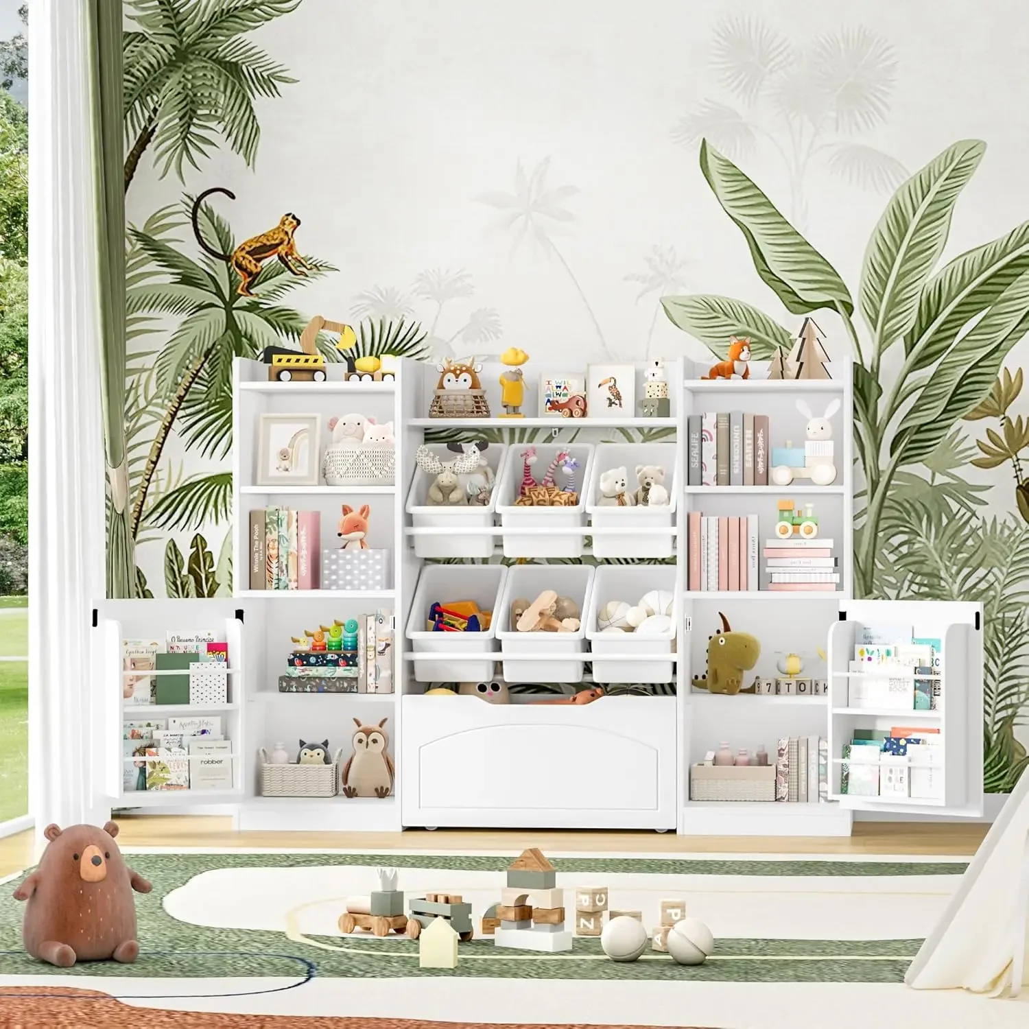 [سعر مخفض، حار بيع! منظم تخزين الألعاب مقاس 55 بوصة، رف كتب للأطفال 5 في 1 مع درج متحرك وأرفف كتب خلف المهام