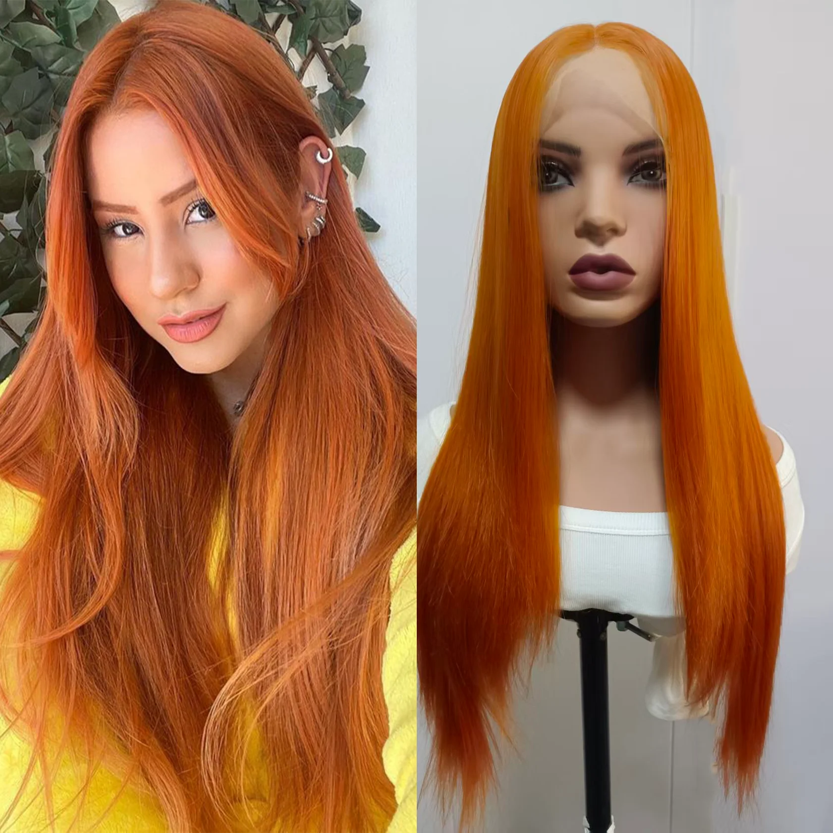 

24-дюймовый оранжевый синтетический парик с прямой шнуровкой 13x4 и естественной линией роста волос для женщин, для косплея, повседневного использования, вечеринок и свадеб