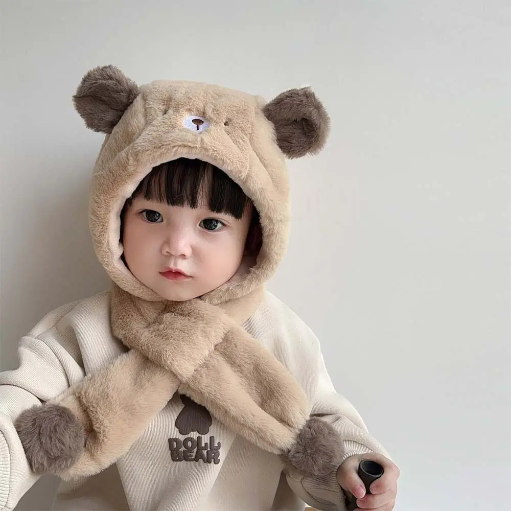 

Однотонная шапка-медведь в корейском стиле, тканевые аксессуары, детская флисовая шапка, модная шапка с мультяшным дизайном и шарфом для защиты лица