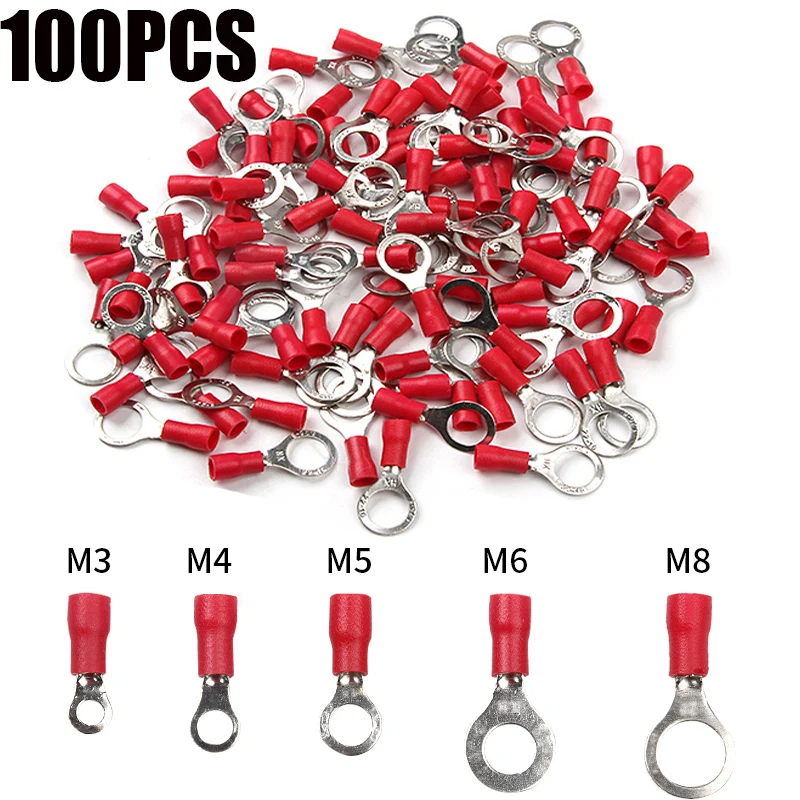 100Pcs RV1.25 Ring Insulated Wire Connector Red 12-10 AWG Electrical Cable Crimp Termminlas Suit for 0.25-1.65mm2 Kit