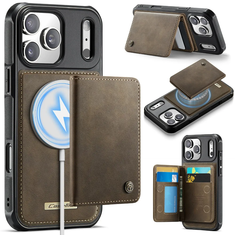 Retro Solid Color Leather Phone Cover for iPhone Air 17e 16e 15 14 Plus 13 12 Pro Max with Detachable Magnetic Wallet Card Case