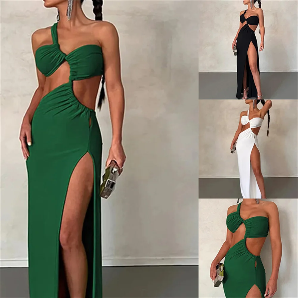 

2024 summer fashion new women's personality trend single shoulder hollow bare fashion split dress evening dress