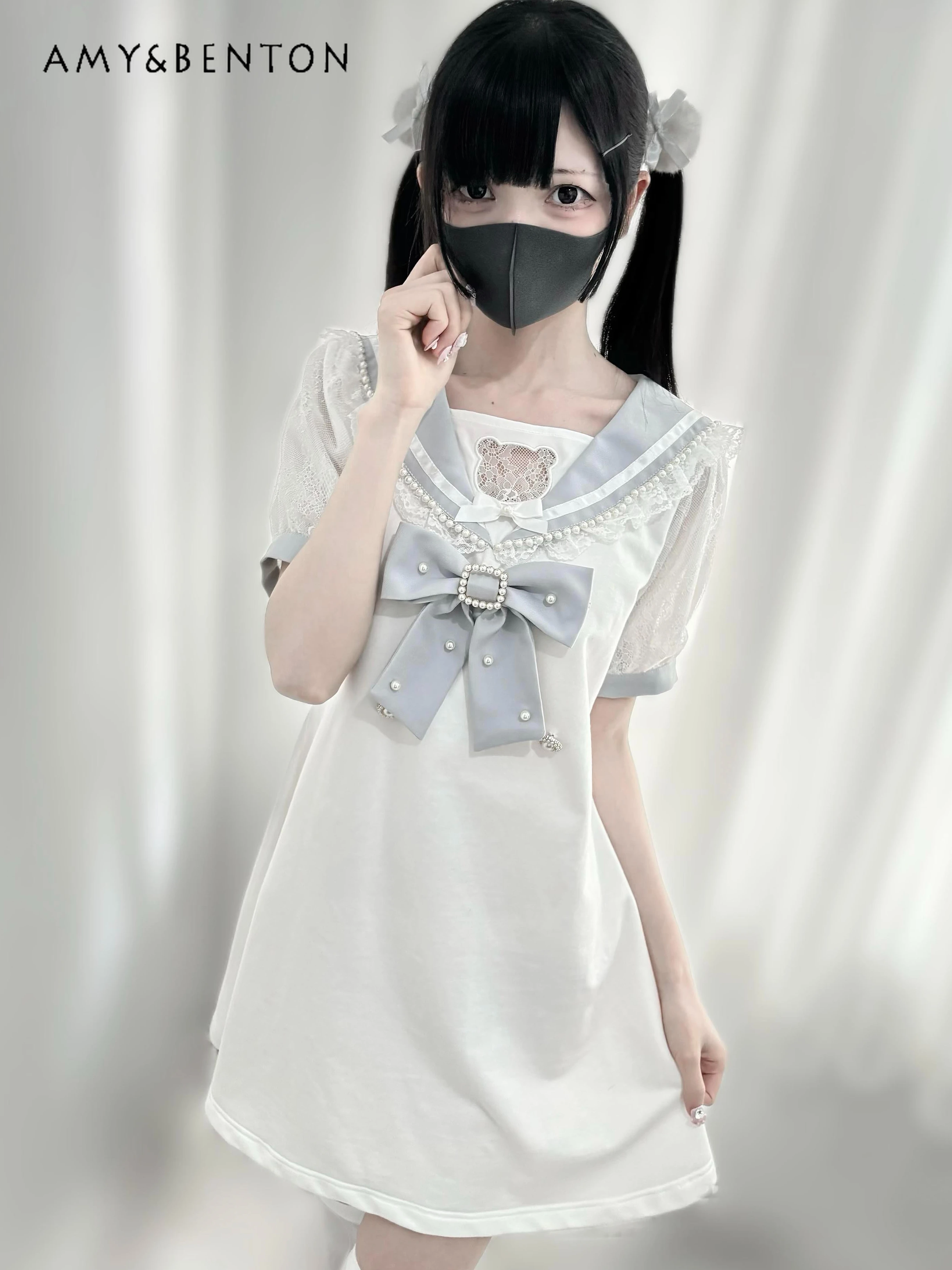 

Mine Mass-Produced Daily Lolita Dresses Sweet Cute Pearl Lace Cartoon Embroidered Sailor Collar Short Sleeve Mini Dress Women