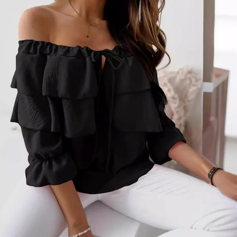 

2025 Loose Mid Sleeve Women's One Neck Chiffon Shirt for Women, with Elastic Shoulder Straps and Ruffle Edges Women's Casual Top
