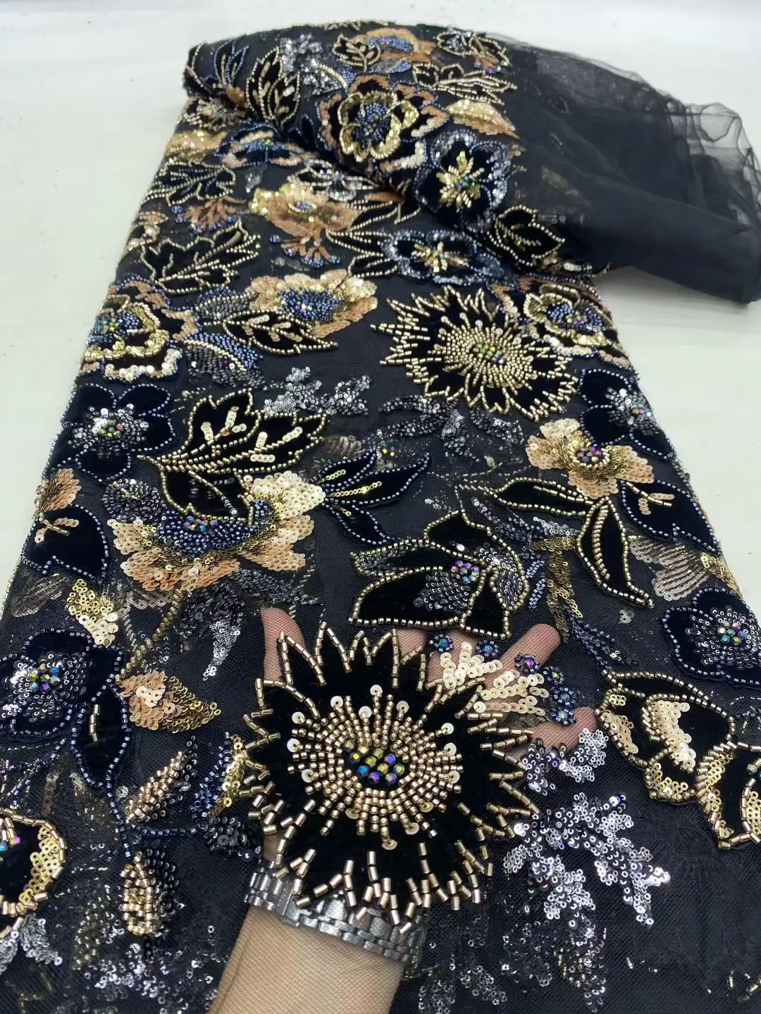 

African Nigerian High-Quality Lace Fabric for Sewing Velvet Sequins Embroidered Cord Guipure for Party Dresses Weddings DP0456