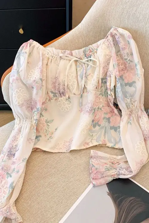 

French Square Neck Floral Print Blouse Women Autumn Oil Painting Pattern Sweet Unique Puff Sleeve Crop Top Long Sleeve Shirt
