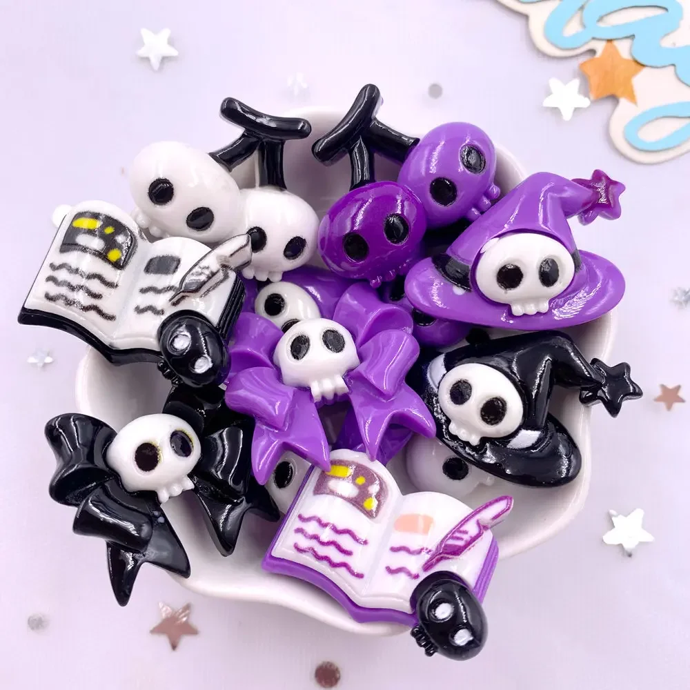 6Pcs Resin Colorful Purple Black 3D Skull Head Ghost Hat Book Figurines Flat back Stone Decor DIY Bow Halloween Scrapbook Crafts