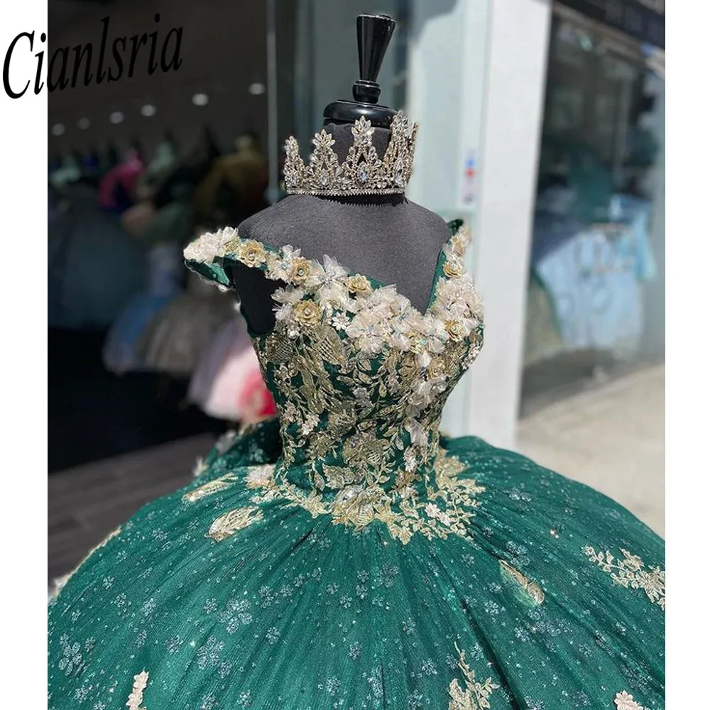 Princess Green Off The Shoulder Ball Gown Quinceanera Dress Beaded Birthday Prom Dresses For Girl Appliques Lace Up Back