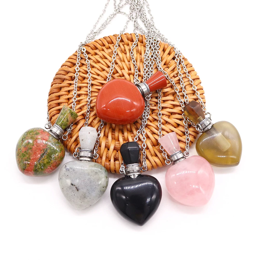 

Natural Crystal Stone Heart Perfume Bottle Pendant Perfume Bottle Essential Oil Diffuser Love Gift Jewelry Necklace Valentine