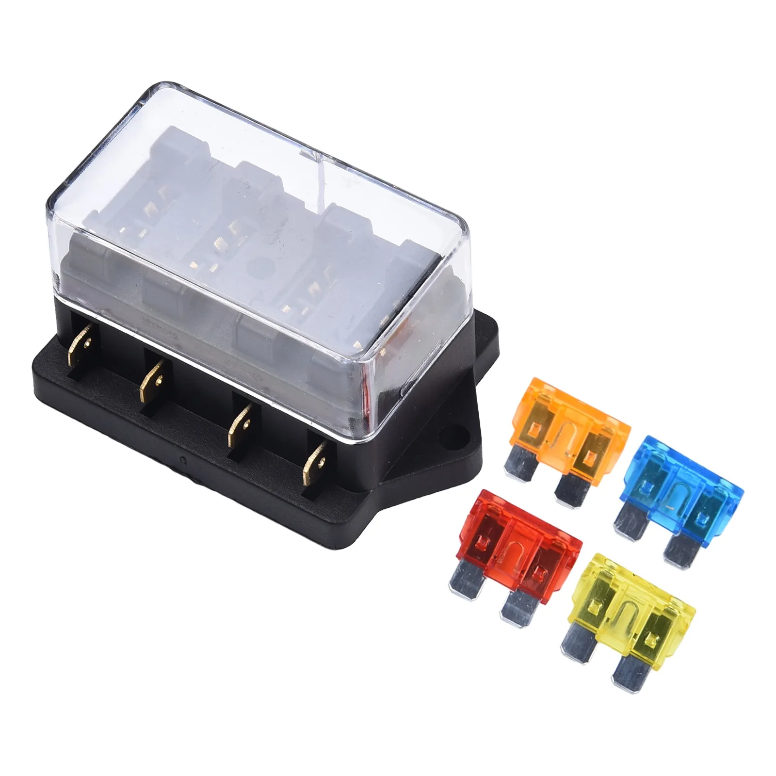 12V Fuse Box 4 Way Fuse Block Automotive Electrical System ABS Material Black Color Easy To Use Non-deformation Plug And Play