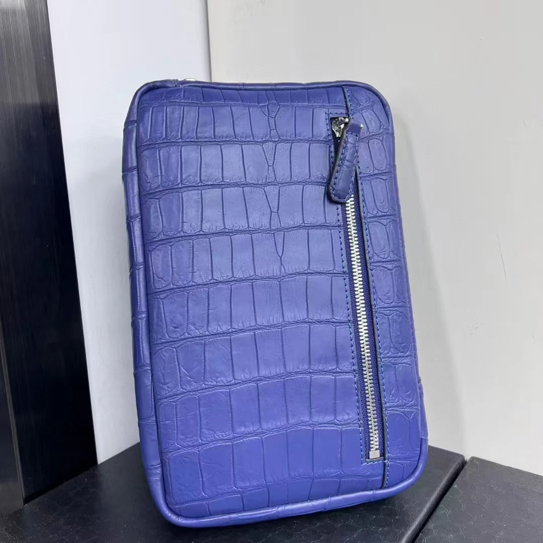 Calidad de lujo 100% cuero de cocodrilo real genuino piel del vientre hombres bolsa cruzada bandolera de piel de cocodrilo tamaño pequeño azul