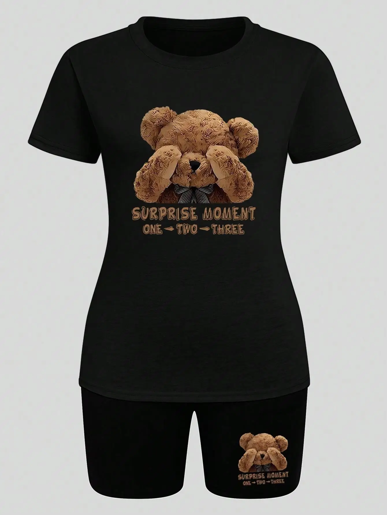 Surprise Moment One Two Three Teddy Bear T-Shirt Set Women Fashion O-Neck 2 Piece Set Breathable Cotton Shorts Oversized T Shirt