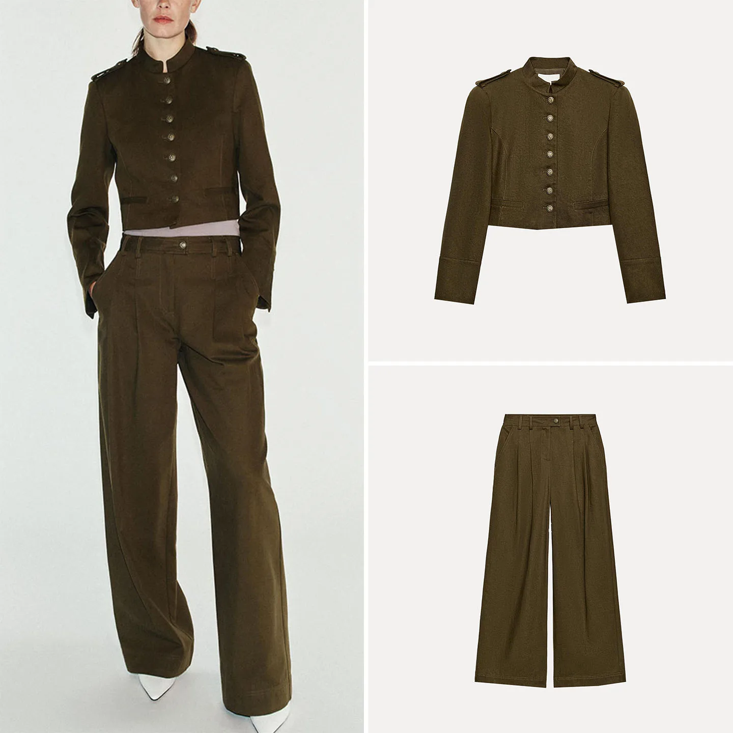 ZADATA Women's Short Suit Jacket with Shoulder Pads Long Sleeve Wide Leg Pants Two Piece Set Fashionable Workwear