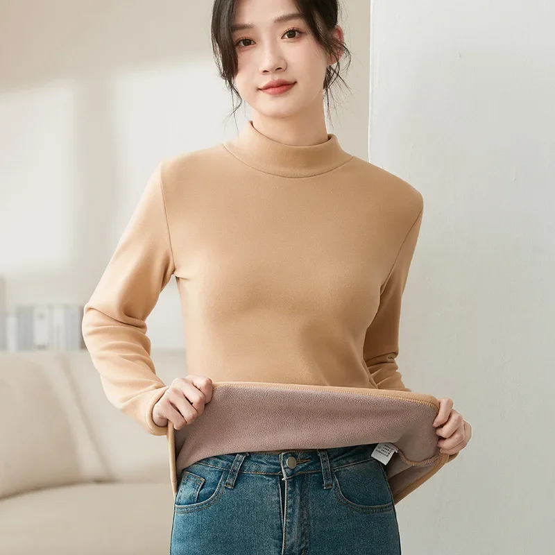 Damen-Thermounterwäsche, langärmelig, Fleece-Samt, Heizfaser-Bottom-Shirt, schmales, solides Basic-T-Shirt für den Winter