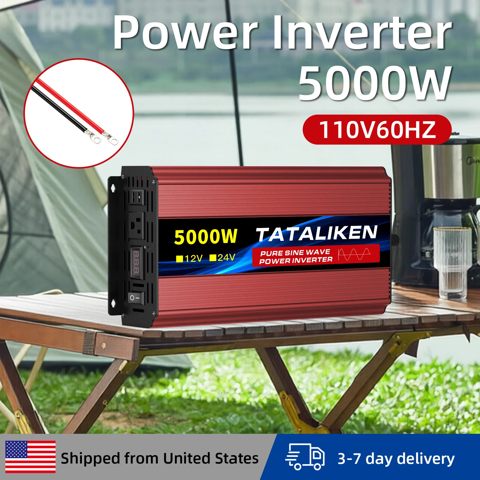 4500W 5000W 8000W Pure Sine Wave Car Inverter, 24V to 110V 60Hz US Outlet with Display Panel & Intelligent Fan, Great for Tailgate Party Outdoor Tailgating Gear