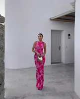 Vestido de fiesta elegante sin mangas con flores 3d para mujer, vestido de malla bordado ajustado a la cadera, vestidos Maxi a la moda para mujer 2024