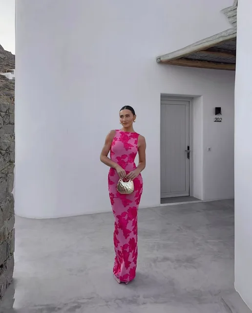 2024 nowe eleganckie kobiety bez rękawów 3d kwiaty Party Dress haftowana siateczka wąska wokół bioder pakiet kobiet Fshion Maxi sukienki szata