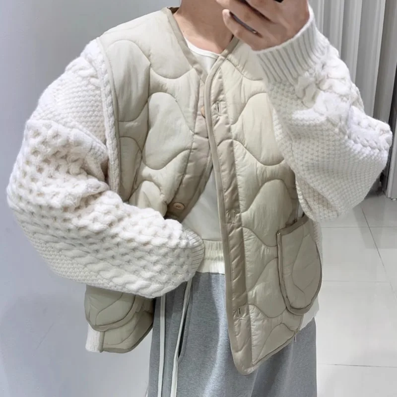 Korean Chic Autumn Winter Loose Coats V Neck Contrast Color Patchwork Knit Puffer Jacket  Single-breasted Vintage Clothes Parkas