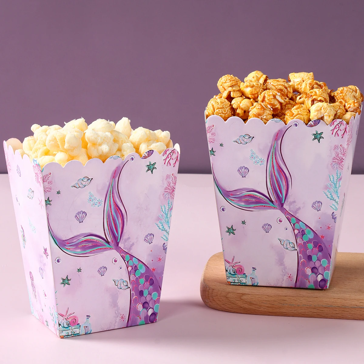 Pudełka na popcorn Syrenka, dekoracje na przyjęcie urodzinowe Mała Syrenka, artykuły na przyjęcie urodzinowe, dekoracje podwodne.