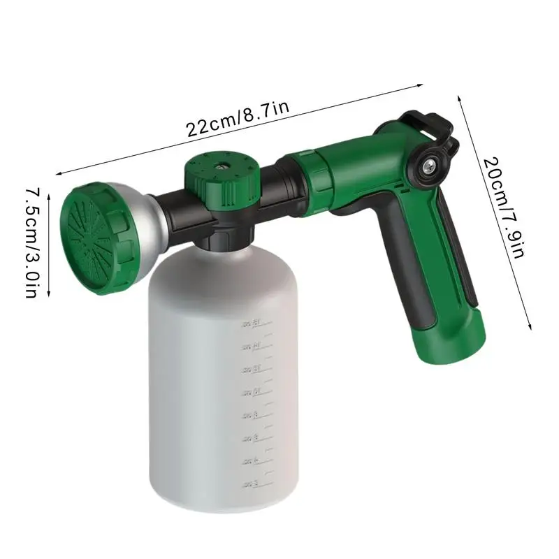 Pistola de água multifuncional, modo ajustável, bico, arruela de mangueira, pulverizador de jato de rega, com recipiente de espuma, ferramentas de fertilizante