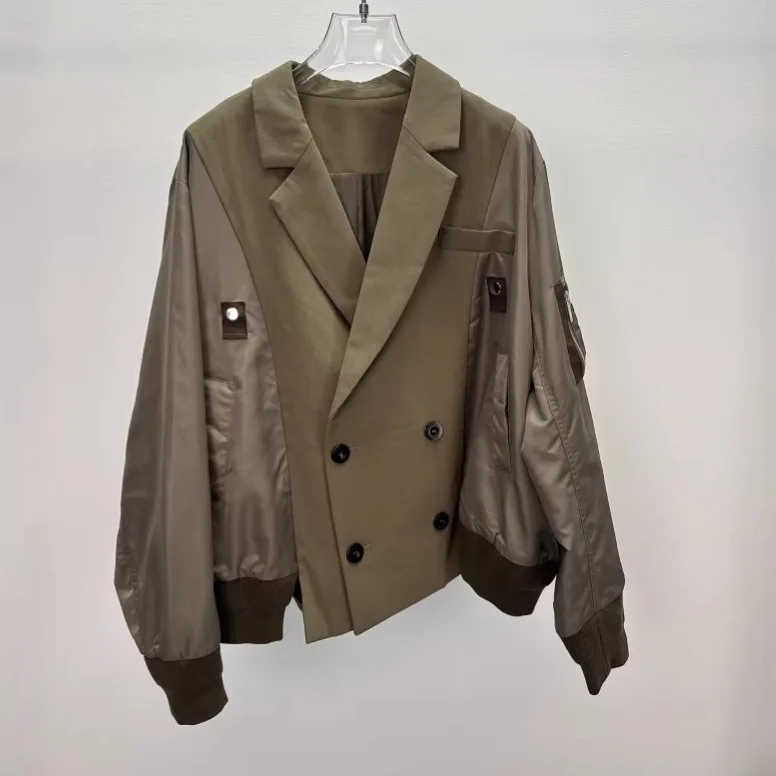 

Spring and summer new design deconstructed style wool blend patchwork suit collar flight jacket women's outerwear