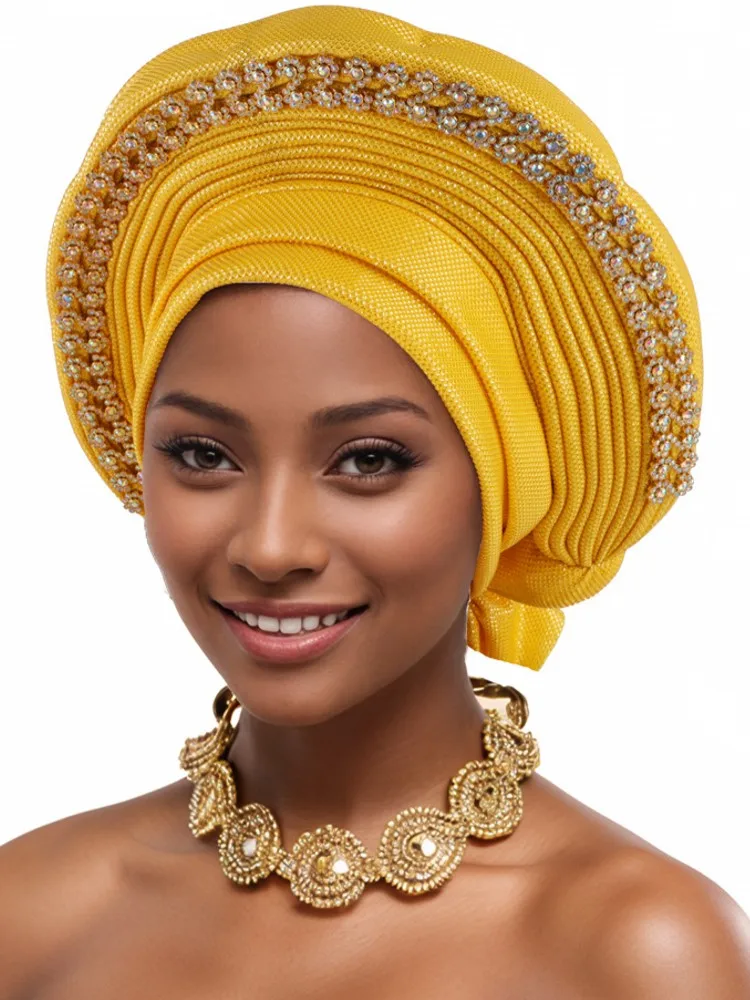 Nigerian Wedding Geles African Headtie Auto Gele Turbans For Women Aso Oke Fabric Muslim Headwear Headpiece Female Head Wraps