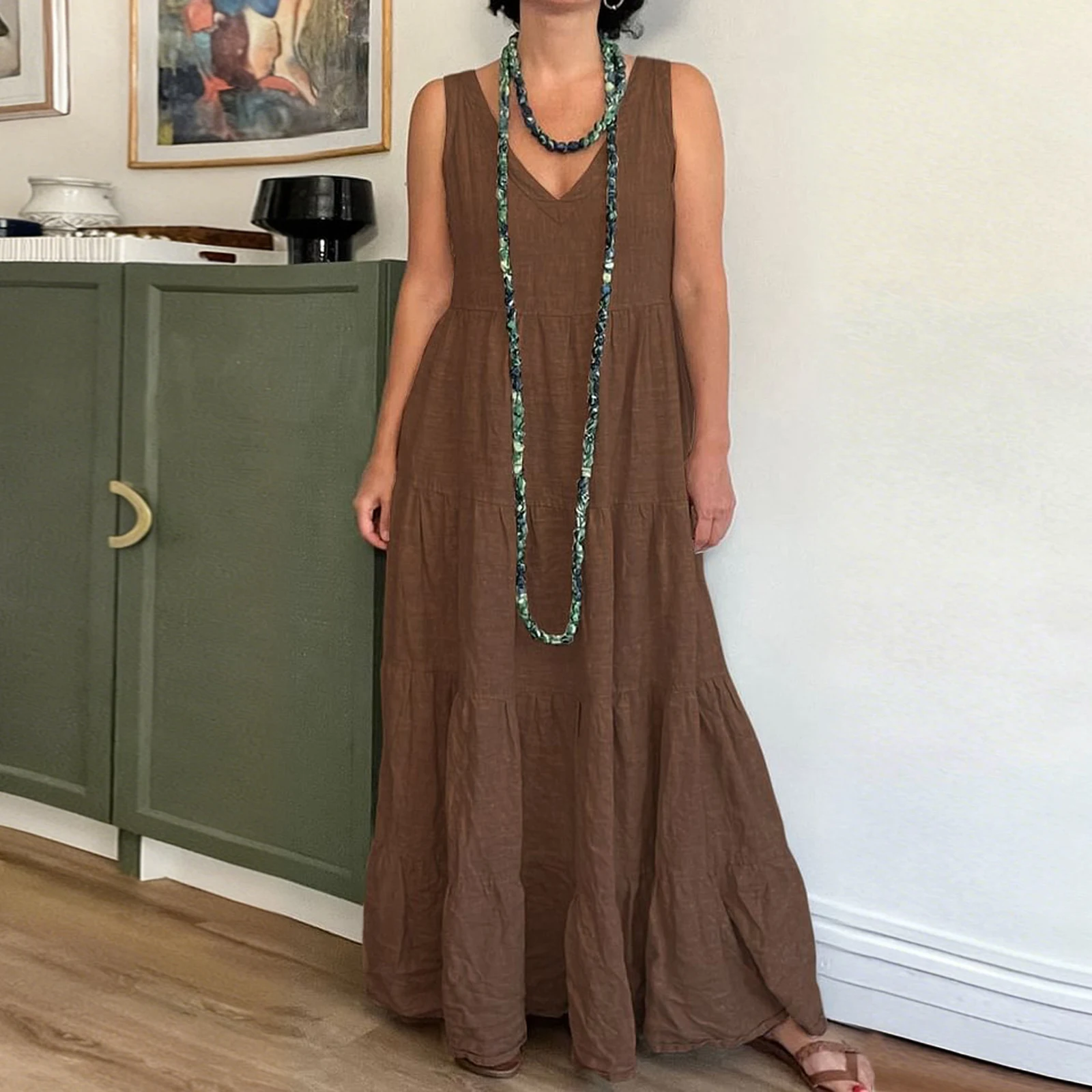 Été mince respirant couleur unie Boho plage jupe longue à la mode Baggy Boho plage col en v sans manches robe Maxi