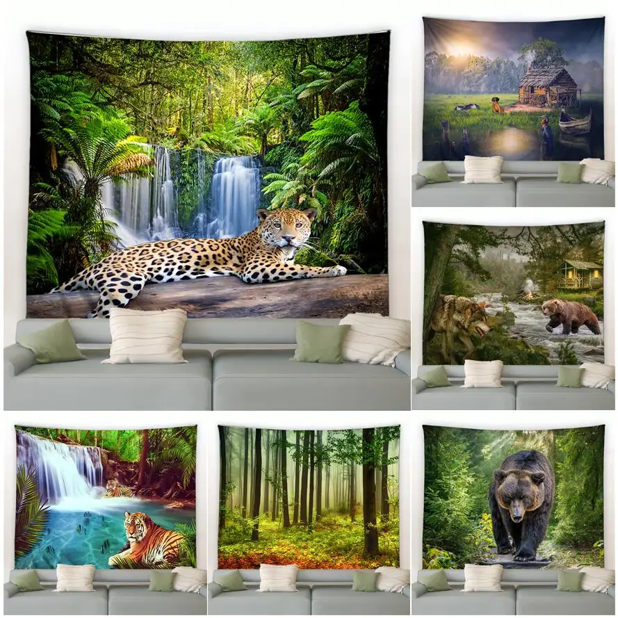 

Forest Animals Tapestry Wild Leopard Tiger Bear Tropical Plants Nature Landscape Wall Hanging Home Room Garden Decor Beach Mat