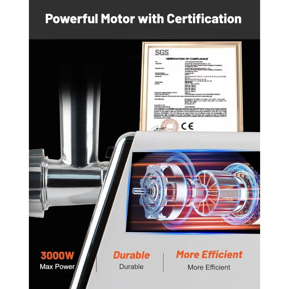 3000W Max Meat Grinders with Stainless Steel Cutting Blade, 3 Grinding Plates, 1 Sausage Maker & 1 Kubbe Kit for Home Kitchen