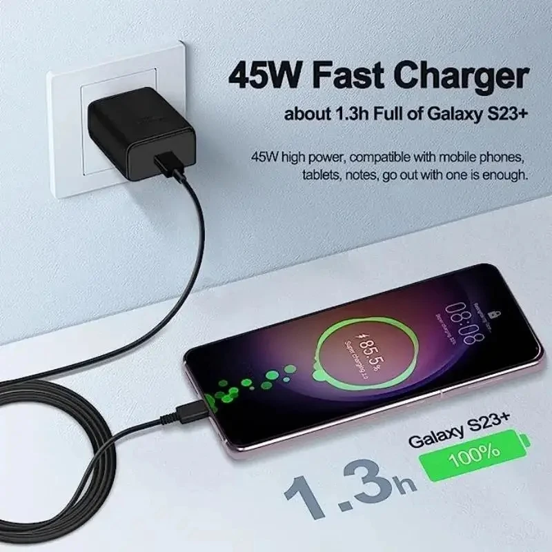 5A 45W PD USB-C Fast Charger for Samsung S22 S23 S24 Note 20 A14 A15 A25 A52 A53 A54 Type C Super Quick Charge Cable 1m 1.5m 2m