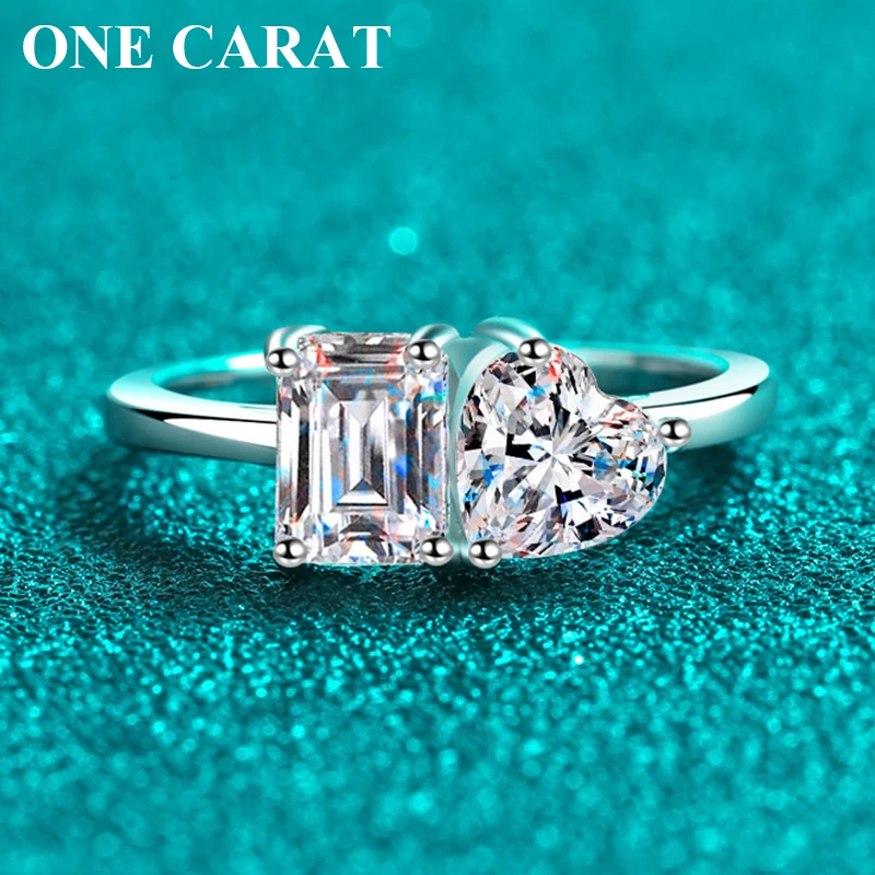 

One carat Moissanite Ring for Women, Heart and Emerald Cut Dual Stone Design, 925 Sterling Silver Engagement Jewelry Gift